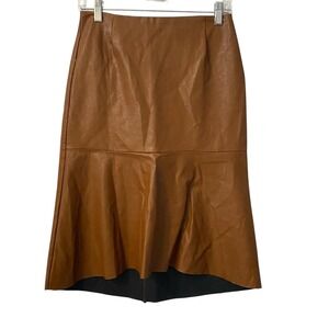 Olivaceous Camel Brown Faux Leather Peplum Hi-Low Midi Skirt Size M